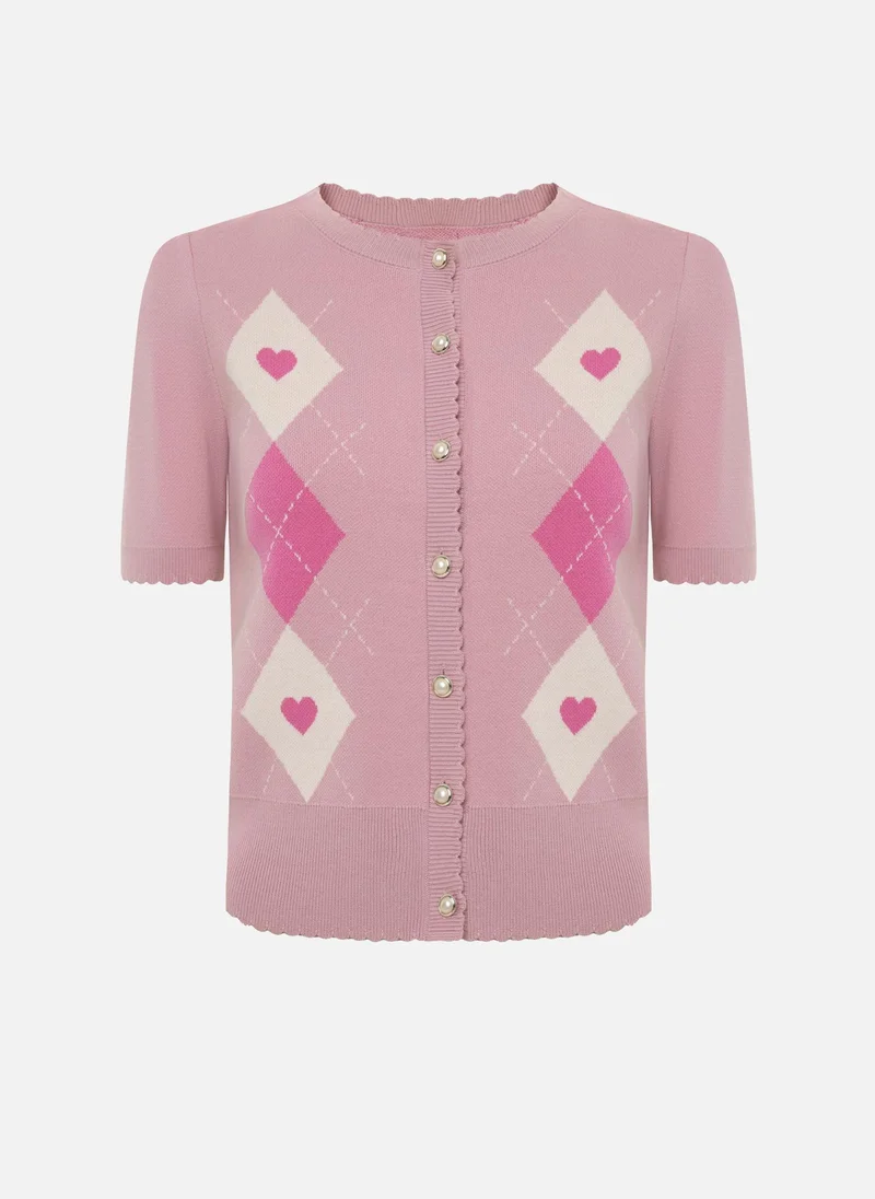 ليتشي كارديجان محبوك بأكمام قصيرة ونمط زخرفي متباين